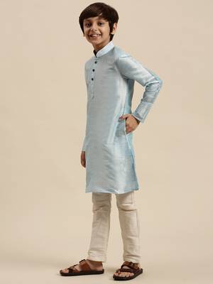 Boy's Art Silk Solid Sky Blue Colour Straight Kurta With Pyjama 2