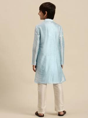 Boy's Art Silk Solid Sky Blue Colour Straight Kurta With Pyjama 3
