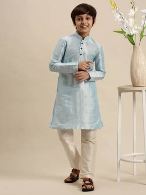 Boy's Art Silk Solid Sky Blue Colour Straight Kurta With Pyjama 6