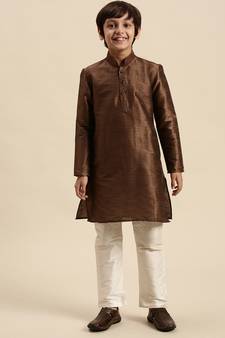 Sanwara Boy's Art Silk Solid Brown Colour Straight Kurta With Pyjama