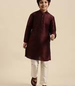 Sanwara Boy's Art Silk Solid Wine Colour Straight Kurta With Pyjama