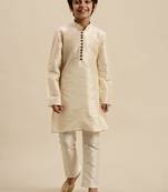 Sanwara Boy's Art Silk Solid Cream Colour Straight Kurta With Pyjama