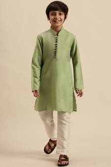 Sanwara Boy's Art Silk Solid Light Green Colour Straight Kurta With Pyjama