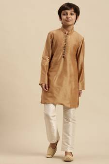 Sanwara Boy's Art Silk Solid Deep Beige Colour Straight Kurta With Pyjama