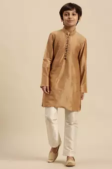 Sanwara Boy's Art Silk Solid Deep Beige Colour Straight Kurta With Pyjama