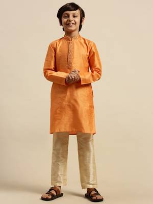 Sanwara Boy's Art Silk Woven Orange Colour Straight Kurta With Pyjama 1