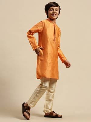 Sanwara Boy's Art Silk Woven Orange Colour Straight Kurta With Pyjama 2