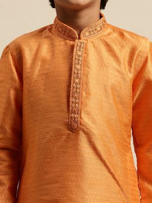 Sanwara Boy's Art Silk Woven Orange Colour Straight Kurta With Pyjama 4