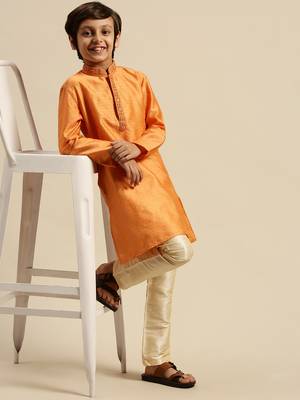 Sanwara Boy's Art Silk Woven Orange Colour Straight Kurta With Pyjama 6