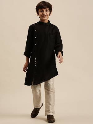 Sanwara Boy's Art Silk Solid Black Colour Straight Kurta With Pyjama 1