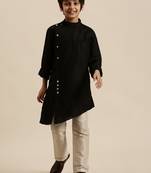 Sanwara Boy's Art Silk Solid Black Colour Straight Kurta With Pyjama