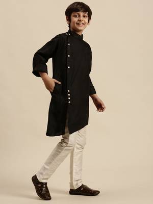 Sanwara Boy's Art Silk Solid Black Colour Straight Kurta With Pyjama 2