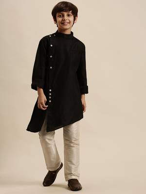 Sanwara Boy's Art Silk Solid Black Colour Straight Kurta With Pyjama 6