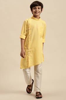 Sanwara Boy's Art Silk Solid Lemon Colour Straight Kurta With Pyjama