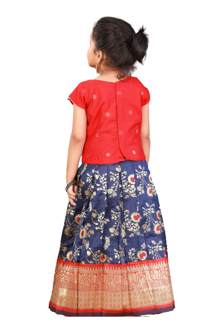 Shivangi Girls Navy Blue Honey Suckle Pattu Pavadai
