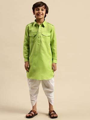 Boy's Cotton Solid Light Green Colour Pathani With Cawl 1