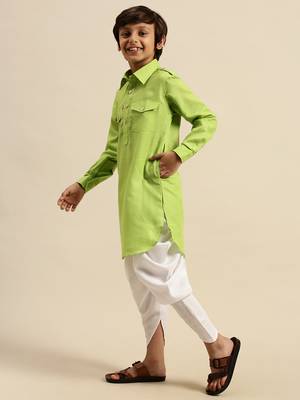Boy's Cotton Solid Light Green Colour Pathani With Cawl 2