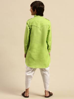 Boy's Cotton Solid Light Green Colour Pathani With Cawl 3