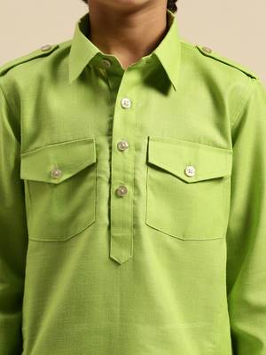 Boy's Cotton Solid Light Green Colour Pathani With Cawl 4