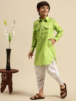 Boy's Cotton Solid Light Green Colour Pathani With Cawl 6