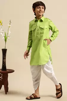 Boy's Cotton Solid Light Green Colour Pathani With Cawl