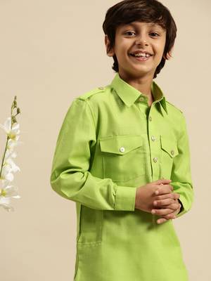 Boy's Cotton Solid Light Green Colour Pathani With Cawl 7