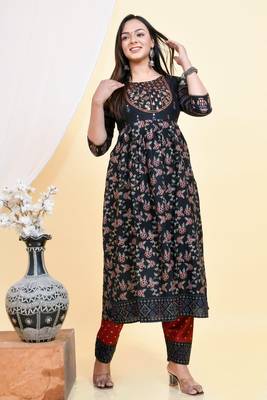  Women's Heavy Rayon Hand Work Anarkali Kurti  With Pant  1