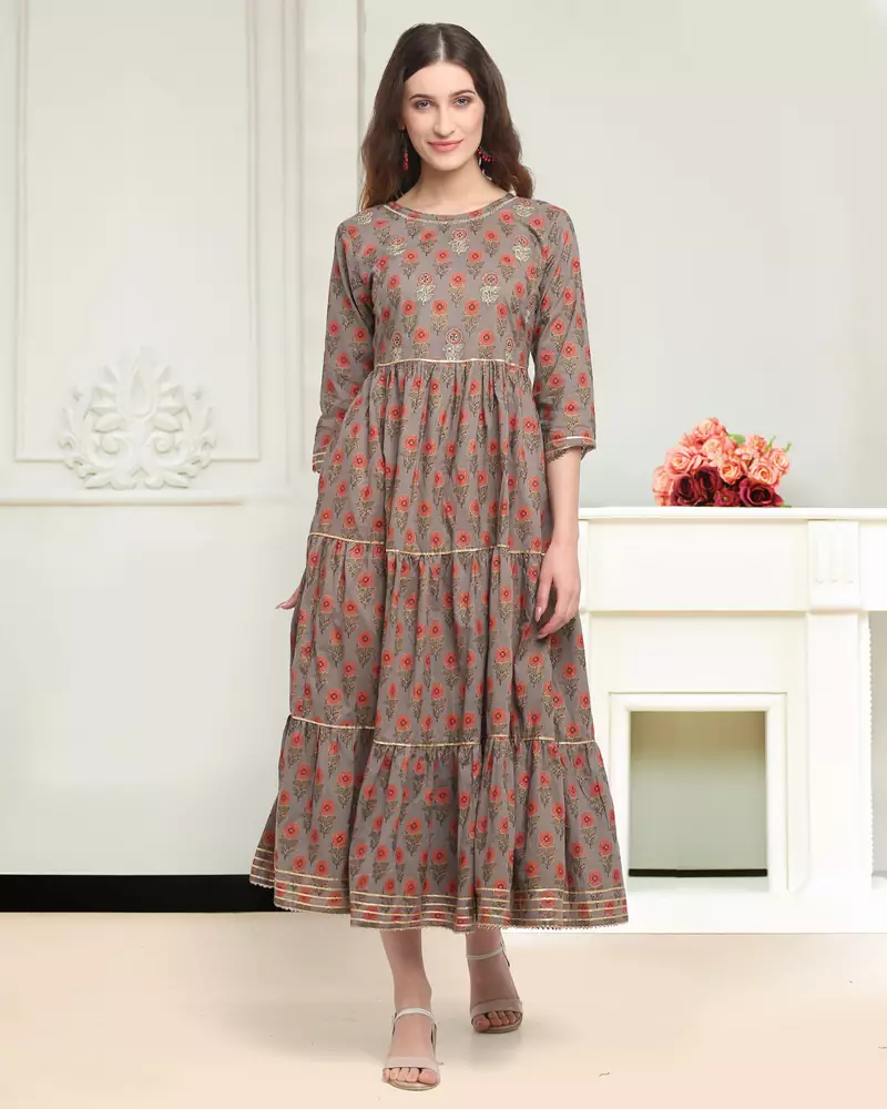 Grey printed cotton ethnic-kurtis