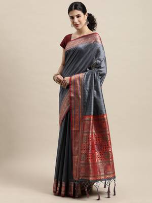 Grey woven silk blend saree with blouse 1