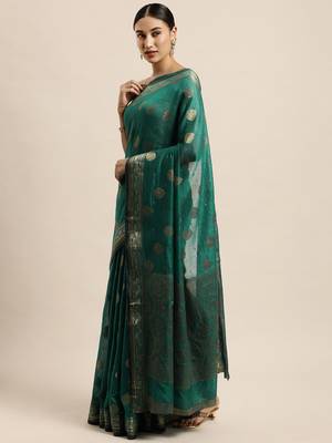Green woven silk blend saree with blouse 1