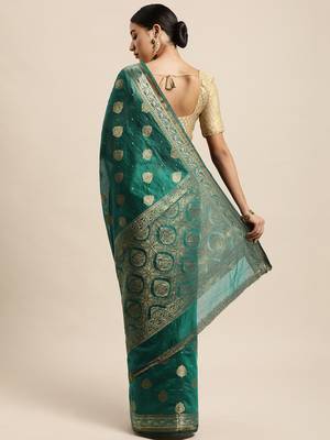 Green woven silk blend saree with blouse 2