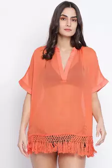 Tappy orange fringes design  women beachwear dress