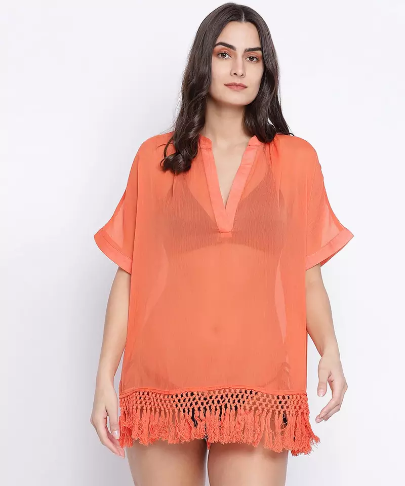 Tappy orange fringes design  women beachwear dress
