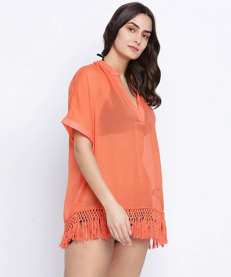 Tappy orange fringes design  women beachwear dress
