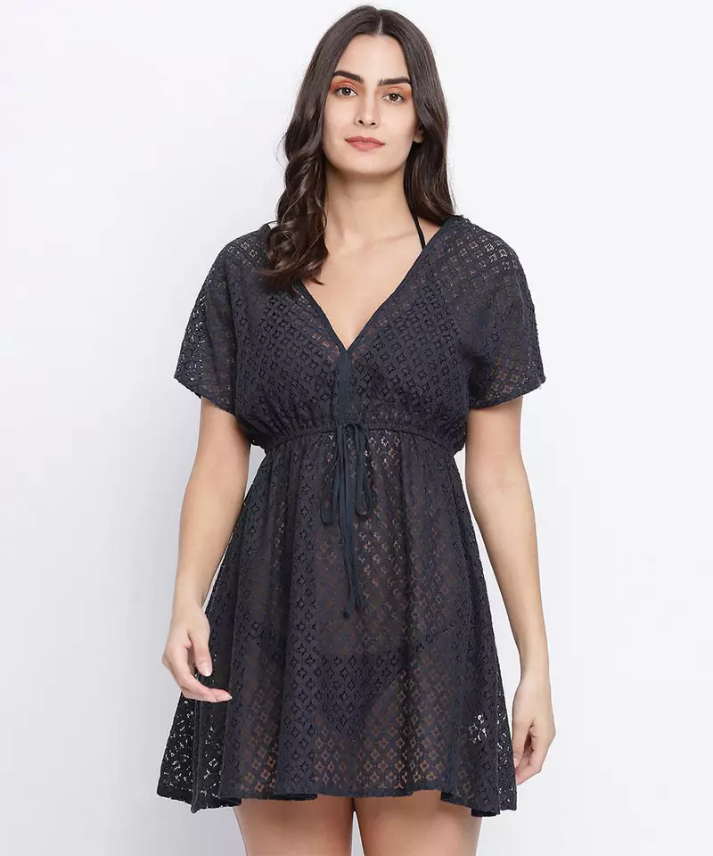 Galaxy black Flower Mesh  tie knot women beach dress