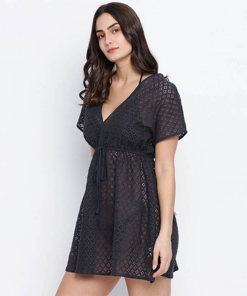 Galaxy black Flower Mesh  tie knot women beach dress