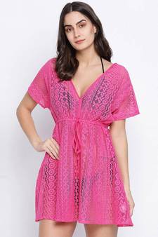 Stardust Flower Mesh pink tie knotted women beachdress
