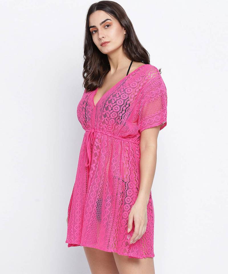Stardust Flower Mesh pink tie knotted women beachdress