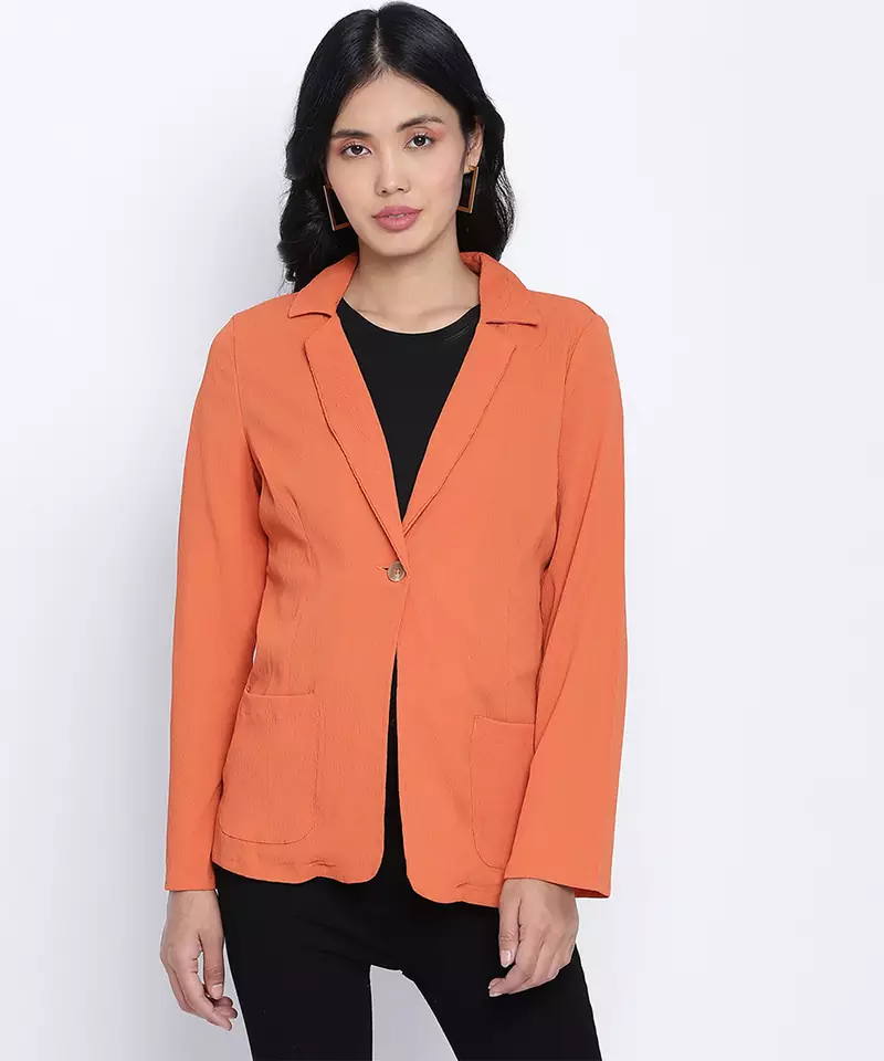 Rara solid orange women blazer jacket