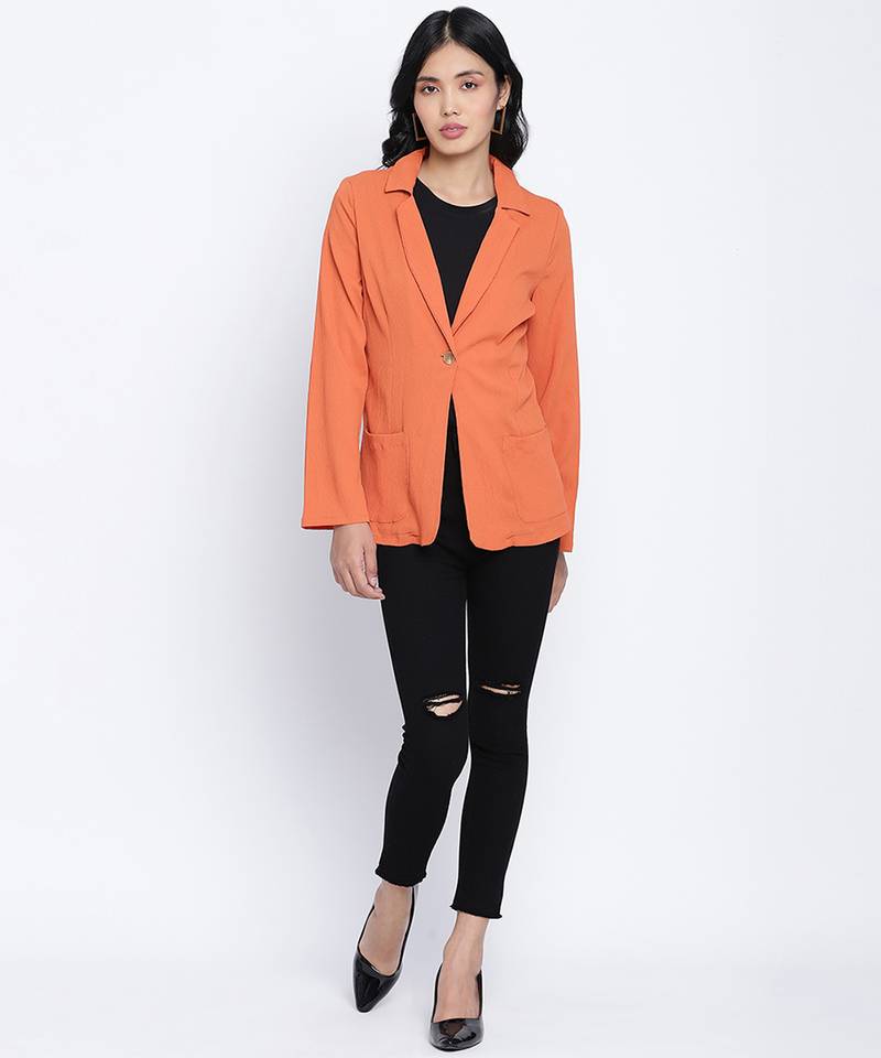 Rara solid orange women blazer jacket