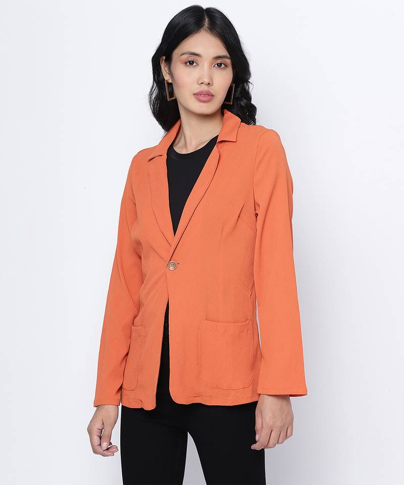 Rara solid orange women blazer jacket
