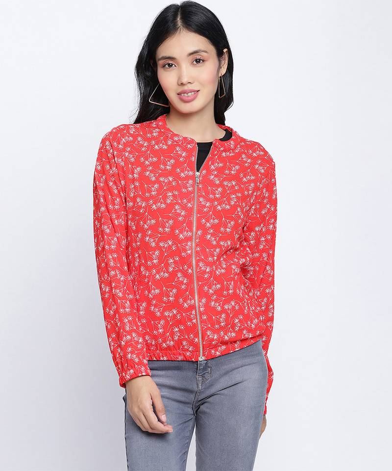Sharp red printed women bomber jacket