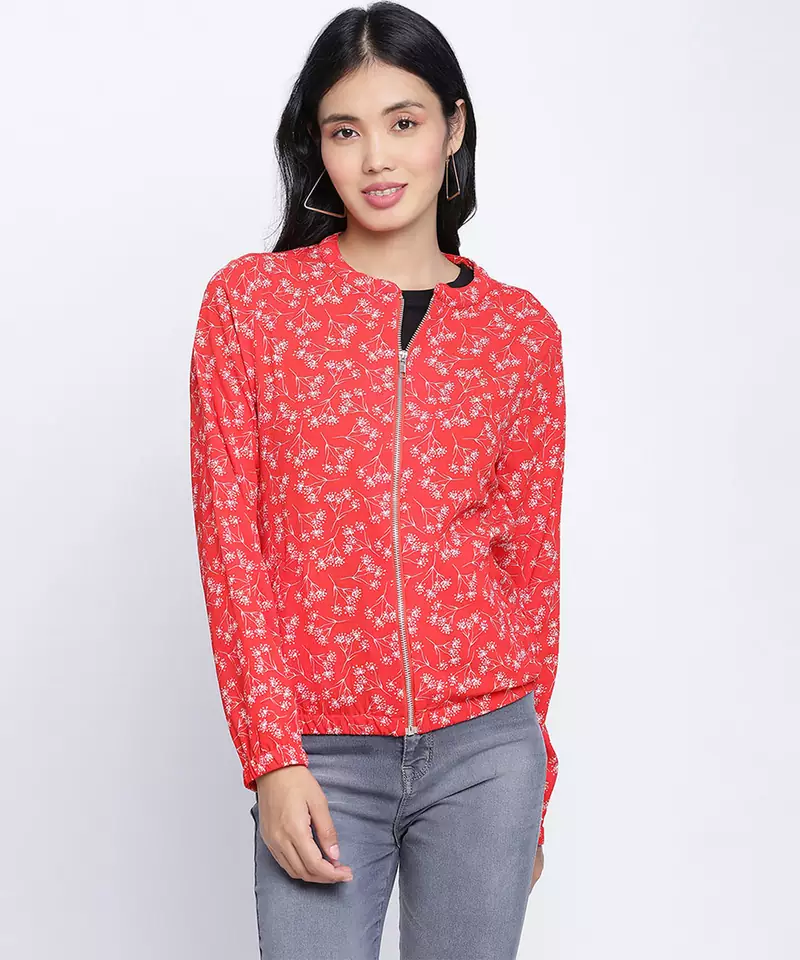 Sharp red printed women bomber jacket