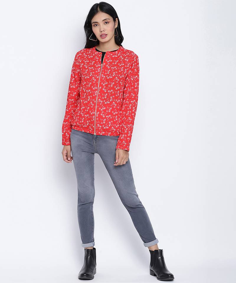 Sharp red printed women bomber jacket