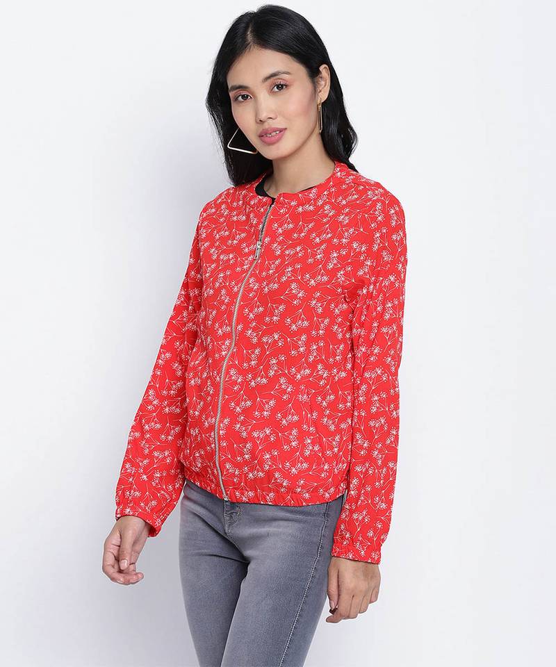 Sharp red printed women bomber jacket