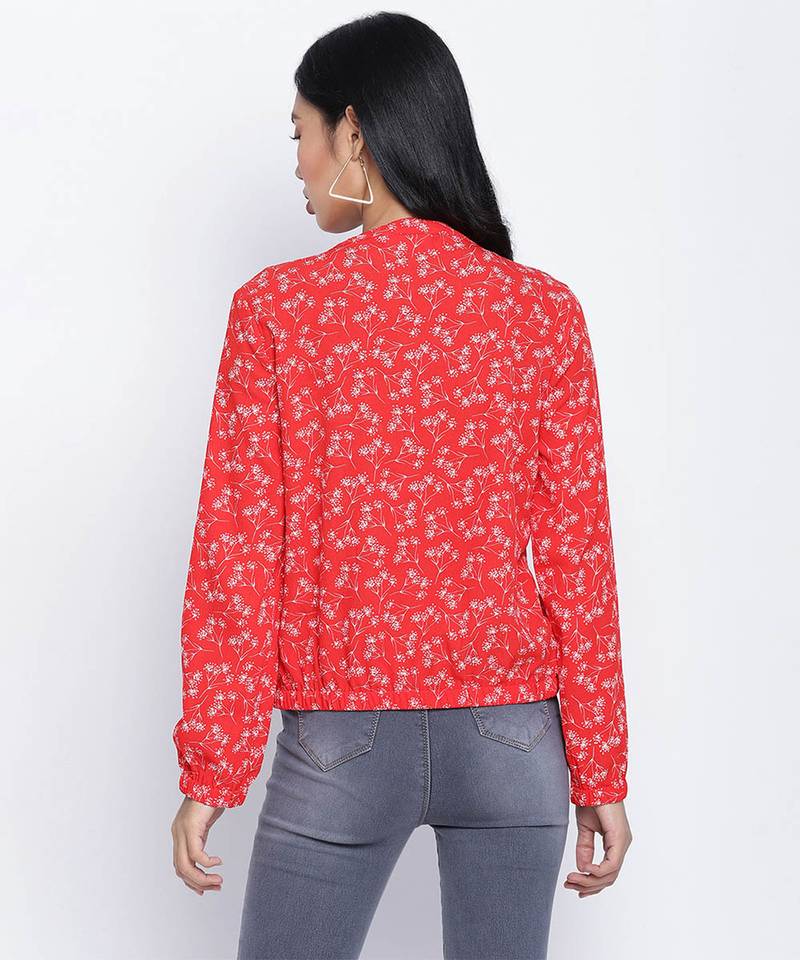 Sharp red printed women bomber jacket