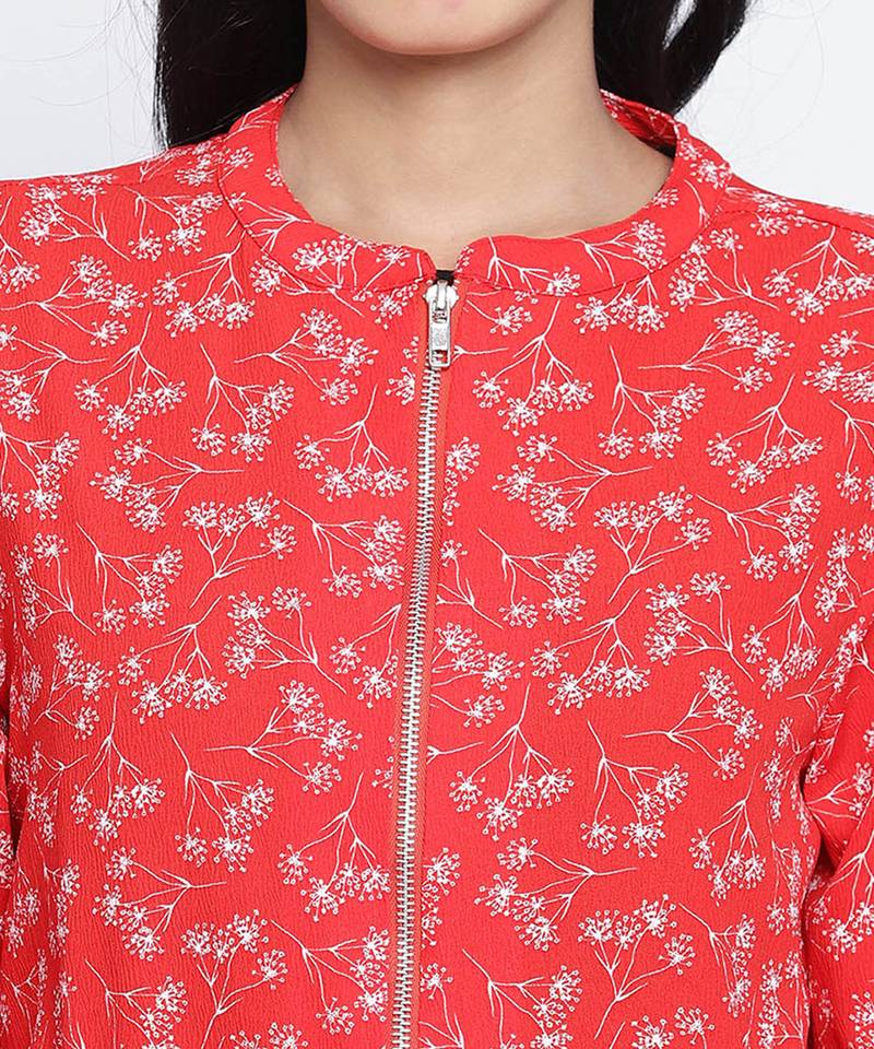 Sharp red printed women bomber jacket