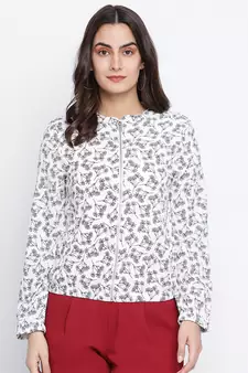 Qalazic white floral print women bomber jacket