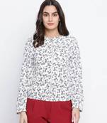 Qalazic white floral print women bomber jacket