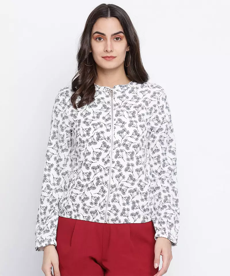 Qalazic white floral print women bomber jacket